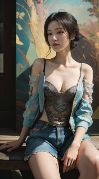 (Masterpiece, absurderes, Highly detailed:1.3), dream-state, Digital painting beauty, (Sitting, mature, Slim, Slender,) view the viewer, (Masterpiece), (Best quality:1.2), absurderes, Intricate details, skin indentation, cleavage, Huge breasts, (Highly detailed skin:1.2), (author?Alphonse Mucha Echo Chernik Megan Laura Cho Bingqiang), Sharp focus, Soft and colorful, Centered, symetry, picure, Intricate, voluminetric lighting, Beautiful, rich deep color, Ultra detailed, Digital painting, Mysterious magic, Focused, lush colors, Canon Eos 5d Mark IV and Fujifilm Superia X-TRA 400 film, (Extremely detailed oil painting:1.2), Glow effects, godrays, handpainted, Renders, 8K, rendering by octane, 4 d cinema, blender, Dark, Ultra-refined atmospheric 4K, cinematic sensual, Sharp focus, humorous illustration, great depth of field, Masterpiece, colours, 3d octane render, 4K, concept-art, trending on artstationh, Hyperrealistic, Vivid colors, Extremely detailed CG unified 8K wallpapers, trending on artstationh, trending on CGSociety, Intricate, High detail, Dramatic?1girll?Street photography?short denim skirt??full bodyesbian?1.5?