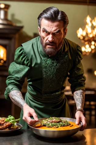 restaurant, aggressive male cook, intricate highly detailed formal Forest Cool green cloth uniform, Steelpunk, dramatic cinematic lighting, low angle shot, dynamic action posture, to scale, highest facial details, masterpiece, 8k, dark, realistic fabric details and folds, frenzy, wide-open eyes, raised eyebrow, angry facial expression, preparing food