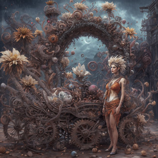 Wantz monster design?intriguing?High color saturation?swirles?Hyper-realistic, Ultra-detailed?Ultra-stereoscopic?MuCoi?Drip style - paint - 1900?tentaculata?round eye?Digital art by Ray Caesar and Hannah Hch and Stephen Burrows, A beautiful young woman in action pose, centered in frame, Wide shot, Lively breasts, Mask, Pop surrealism, neo-dada, Spectacular, spectacle, Masterpiece, Private collection, Featured collections, behans, a 3D render, Cracked clay, Gothic, Bright colors, Supersaturation, Depth, spirals, fibonacci sequence, shells, Flowers, gear wheel, tunnel, surreal environment, Fractal geometry, game assets, City scene, Modern makeup, Long eyelashes, Rain drops, Chiffon dress, Rococo, bangle, Punk rock, Subversive art, Dirty, Dirt, Skiff, Mid-cut jeans, Specular highlights, Pondering, ambient occlusion render, Detailed, Parade Square, ((isoline)), armature, Detailed, elaborate, complex, Desert, Mountains, Cart, The Car, Stormy sky, Moonlight