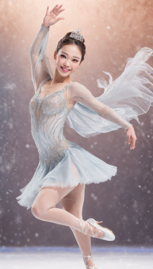 Smile expression. Generate costumes for figure skaters dancing on ice. Give this image snow-white feathers and sparkling Swarovski crystals. Next, Add a skate dress designed to emphasize the lines of the body, Especially the hips and legs, Eta?Give the skirt a special touch with feather accents. Accessorize more with a gold headpiece, Transparent beaded necklace and matching rings or earrings. Finally, Bright makeup and sparkling eyeshadow?Complete the atmosphere of figure skaters shining on the ice. Dynamic Poses: Posing that reproduces triple axel and toe loop jump, Or?Pose during a spin to show the figure skater's grace and movement. location: Large skating rink in the center of the ice castle. The castle is surrounded by glowing ice statues and waterfalls, A huge crystal chandelier hangs in the center of the skating rink. This location is?There is a beautiful and magical atmosphere that complements the figure skating cosplay and its dynamism.