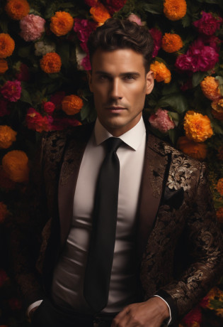 Homme Handsom, Grand et en forme, 40 ans, (shaven:1.2) , curly short brown hair. Dark brown tight velvet suit, (La veste a des motifs de fleurs noires:1.2).