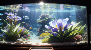 Giant aquarium in an aquarium?Flower irises everywhere at the bottom of the aquarium?top-quality?in 8K??masterpiece?a picture?Photorealsitic?Raw photography?top-quality?high-detail?????photos realistic?Professional color correction --auto