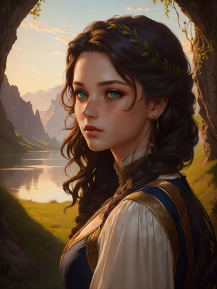 (Lady of the River:1. 1), detailed Face, sensual, messy ginger hair, freckles, strong features, square jaw, long intricate braids, High cheekbones, sharp features, heart shaped lips, long dark elegant sensual dress, green eyes, hourglass figure, large chest, dynamic lighting, golden hour, beautiful, colorful, landscape, hyperdetailed, Weeping willows, green grass, flowers, earth art, beautiful, detailed, colorful, fantasy, matte background, detailed painting, intricate, elegant, highly detailed, oil painting, artstation, concept art, smooth, sharp focus, illustration, art by artgerm and greg rutkowski and alphonse mucha and william - adolphe bouguereau , reflections, octane render, high quality photo realistic, hyper realism, Very detailed, zoomed out view of character, full body of character, freckles, lord of the rings bandit, long messy hair, UHD, HDR, 8K, (Masterpiece:1. 5)