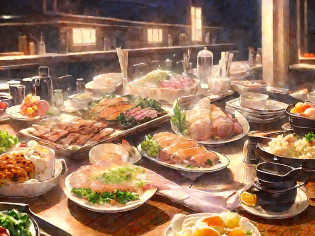 there are many plates of food on the table ready to be eaten, anime food, super realistic food picture, the table is full of food, food commercial 4 k, ( ( makoto shinkai ) ), overflowing feast buffet table, colorful anime movie background, anime background art, style of makoto shinkai, realistic anime 3 d style, delicious food