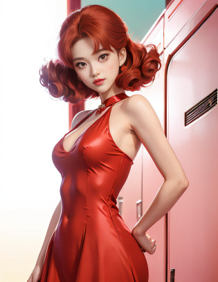 Red dress, retro anime girl, classic shoujo, in the art style of 8 0 s anime, Lori,   an retro anime image, vintage shoujo,  8 0 s anime art style,slender