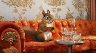 a squirrel, at the party, drinking whisky, sitting on a sofa, photorealistic, hyperrealism, intricate design and details, 8k --ar 16:9