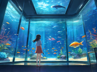 Beautiful aquarium with fish swimming in a huge glass aquarium,
Fantastic aquarium with twinkling lights,Dynamic and beautiful shading,
A breathtakingly beautiful sight,Beautiful little girl staring at fish in front of aquarium?Rear view of the girl,
(Best Quality:0.8),(top-quality:0.8),masutepiece, perfect anime illustration