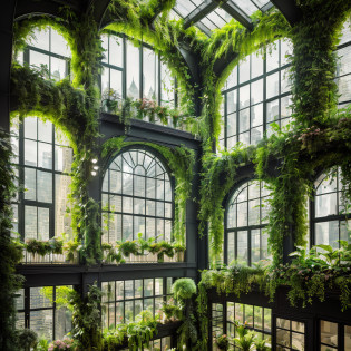 ultra hyper realistic award winning inside indoors a room indoors closeup falling gardens flowering vines whimsical green abstract modern curvy wavy shape archways organic layered textures with moss growing on the side with large roof windows seeing skyscrapers of NewYork city outside people walking around, people sitting down reading dramatic, dark, sharp focus, 8k