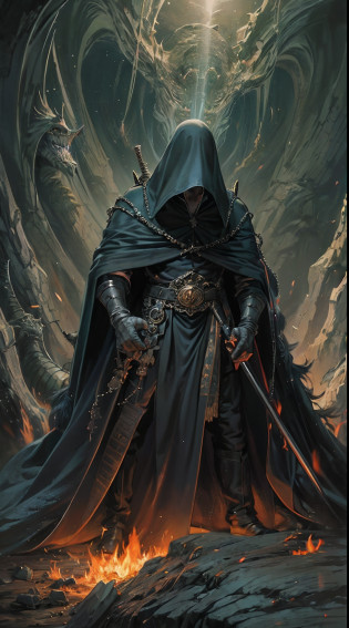 ultra detallado, beautiful and aesthetic, Beautiful, obra maestra , misterio , atmospheric , genial , sobrenatural , La mejor calidad , cueva , 1 hombre , 1 demonic monster , monstruo muy grande , Hombre matando monstruo , The man has a long black hooded robe , He can use magic , El monstruo tiene un cuerno muy grande , Monstruo respira hacer fuego ,  El hombre tiene una gran espada brillante , fantasy sword , 4 Little monster around the big monster , Magma alrededor del campo de batalla , The battlefield is in Cavern , Toda la cuevaa en llamas , La espada del hombre brilla , Acantilado de mayo y roca en Caverna , Caverna en llamas , (Caverna ultra detallada) , (Magma ultra detallado) , (Cara de hombre ultra detallada) , (Espada ultra detallada) , (Monstruo ultra detallado)