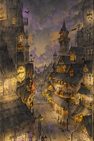 One-person viewpoint?Beautiful futuristic Halloween color shopping street packed with 3D, 2D and steampunk elements?Dreamy views of steampunk tower architecture and magical elements?Vivid HD Animation Halloween Color Shopping Street?Animated landscape concept art?Gorgeous Golden Steampunk Shopping Street?Steampunk Halloween-colored shopping streets and anime-style fantasy artwork