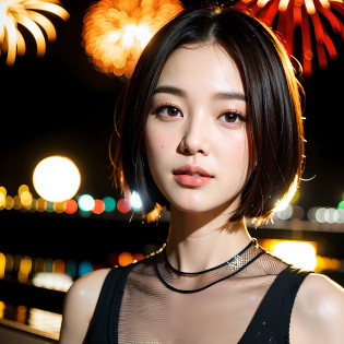 Close up portrait of woman with short hairstyle in black top, With short hair, beautiful Korean women, Beautiful young Korean woman, Gorgeous young Korean woman, Korean Girl, korean symmetrical face, Young adorable Korean face, Korean Woman, Portrait of female Korean idol, korean face features, chin-length hair, south east asian with round face, Popular Korean Makeup, Enjoying the fireworks display