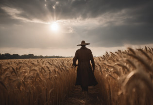 ((masterpiece)), ((best quality)), 8k, high detailed, ultra-detailed,Black and White photo?autumnal?A vast wheat field stretches into the distance?The scarecrow stands tall in the middle of a wheat field?Like a guardian?It was dressed in tattered clothing?A straw hat is worn on his head?Holding a straw broom in his hand?The autumn breeze blows gently through the wheat waves?The scarecrow's robe fluttered in the wind?The sun shines through the clouds?Illuminates the whole picture?The ears of wheat in the wheat field are ripe?