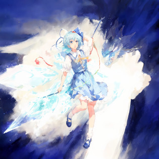 Anime girl with blue hair and blue dress holding blue umbrella, cirno touhou, cirno from touhou, cirno, from touhou, touhou character, an anime portrait of cirno, touhou project, Touhou, zerochan art, ?Ghost Wind Special Assault Team?The art of pixels, touhou project official artwork, style of magical girl, magical little girl