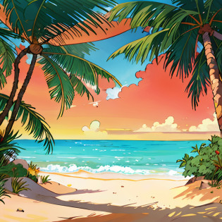 hot summertime, praia com palmeiras, hot summer sun, ??, mundo dos sonhos, Praia Minimalista, fundo vermelho, Pop, storybook art, areia, mar, magia, ??, hot day summer