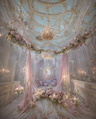 Close-up of a room with lots of flowers on the ceiling, fantastic atmosphere and drama, fantastic aesthetics, dreamy and detailed, very magical and dreamy, atmospheric beautiful details, neo-Rococo expressionist style, ethereal fairy tales, dreamy atmosphere, fantasy aesthetics! , fantastic scenes, fairy tale aesthetics, fantastic ethereal atmosphere, incredibly ethereal, beautiful aesthetics, ethereal and dreamy themes, rococo gorgeous style, pink yarn, lace, flower ground, blue light quality, 8k,