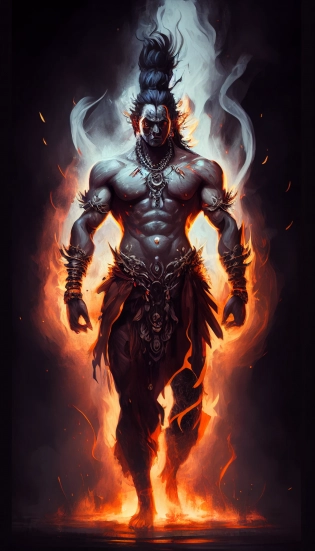Lord Shiva, Indian mythology, one piece character, symmetric body, holding a three-pronged spear full body, extremely detailed, cinematic lighting, high contrast, artstation, character concept art, 8K:: background flames --q 2 --v 4 --stylize 600 --ar 9:16 --s 750 --v 5. 1