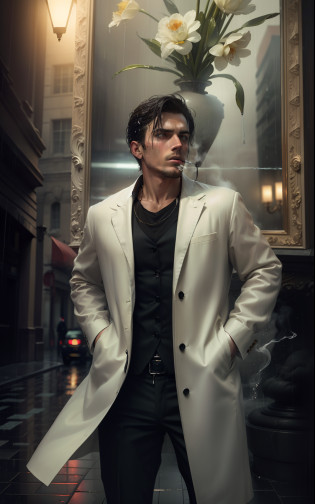 (a masterpiece), exceptional quality, in the rain, lonely, man in suit smoking (cigarette), looking up, slightly wet floor, reflection, neons.