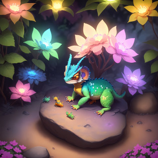 (best quality: 1.3), (masterpiece: 1.3), (illustration: 1.3), (super detailed: 1.3), (imid shot: 0.9), panther chameleon, solo, single body, four legs, cute, thick fluffy tail, Chameleon (sunbathing on a big rock: 1.1), Chameleon colorful, luminous colors, pink, blue, purple, green, yellow, shut up, horns, Rock (cute bugs with luminous pink, blue, purple, red on rock: 1.3), Rock (surrounded by magical garden glowing luminous pink, blue, purple, orange, yellow flowers and plants), Rock with small holes, glowing ants, glowing lights