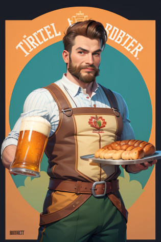 a man wearing tracht for oktoberfest holding a tray of grilled sausages and beer, octoberfest, stylized digital illustration, flat illustration, man drinking beer, vector illustration, holding beer, commercial illustration, beer, professional illustration, proffesional illustration, digital illustration, full color digital illustration