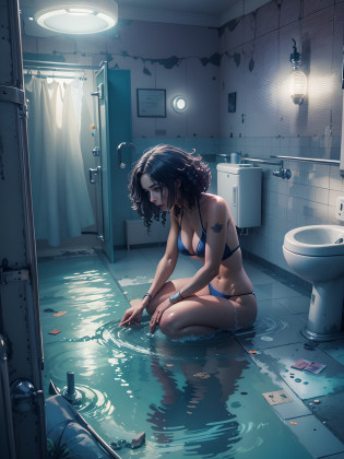 DSLR, F/2.8, Lens Flare, 5D, 16k, Super-Resolution . realistic style, key visual, vibrant, studio realistic, highly detailed A different mood whimsical full body view best quality, eerie masterpiece, monochromatic palette dominated by eerie shades of deep blue horror themed bathroom  curly bikini girl sharp look, wide eyes, very dark lips, A fallen female kneels in anguish drenched in bathroom  wet, translucent, emotional, oris vallejo art, Mysterious,stylish bikini to e bathroom  in a vintage bathroom, perfect anatomy, highly detailed, graphic 3d model, render, comic art, graphic novel art, vibrant, detailed character