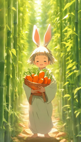 A little girl with rabbit ears holds a giant carrot?In the vegetable garden?The little boy carried a bamboo basket?The bamboo basket was filled with carrots?There are also some small white rabbits in the vegetable garden?Illustration Japanese manga style?The light is gentle?The little boy is full of energy?Japanese healing system