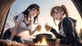 atelier sophie,(best quality:1.3),(yuri:0.7),2girls,low ponytail,half up hair,(have fun:1.2),setting sun,simple clothes,BBQ,fire,beer,meet,from below,fisheye camera,looking at viewer,