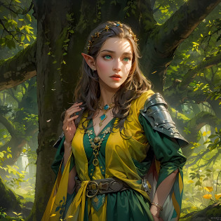 high details, best quality, 8k, [ultra detailed], masterpiece, best quality, (extremely detailed), dynamic angle, ultra wide shot, photorealistic, fantasy art, dnd art, rpg art, realistic art, an ultra wide picture of female half elf in druid grove casting a spell, yellow magical light(intense details, Masterpiece, best quality: 1.5), wearing leather armor  (intense details, Masterpiece, best quality: 1.5), green cloak(intense details, Masterpiece, best quality: 1.5), holy symbol, blue light from symbol, dynamic hair, intense eyes, small pointed ears, slightly pointed ears, green eyes, D&D female half elf (intense details, Masterpiece, best quality: 1.5), fantasy druid grove, water fall, rich forest life, rich forest animals, soft sun light, silhouettes, forest trees in the background, celestial background, ((divine worship atmosphere)), high details, best quality, highres, ultra wide angle