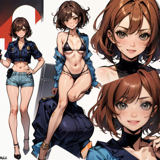 tmasterpiece, hyper qualit, ultra detali, Perfect drawing, Solo, Full body like, crisp breasts, Fluffy breasts, H cup bust, bust up, bulging bust top, Blush, Sweat, Moist eyes, Detailed drawing, precise drawing, police officers, Bikini set, uniform, Special, high-heeled, brown tanned skin, slit eyes, Long eyelashes, Cheeky smile