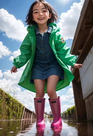 absurdres, highres, one girl, (round:1. 3), 13yo, loli, cute, (puddle:0. 7), ground, (from below:1. 15), full body shot, looking up from the bottom, after the rain, (rainbow:0. 6), (sunshine:0. 7), happy, smile, raincoat, rubber boots, (water reflection:0. 7), focus on girl, <lora:add_detail:1>, 16k, UHD, HDR, (Masterpiece:1. 5), (best quality:1. 5)