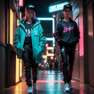 25-year-old solo man in blue jacket and black pants standing, corpo todo, em uma loja de neon, neon iluminado, neon jungle, teddy fresh, neon vibes, luzes neon e adiciona, Foto de um ensaio promocional, Retrato no meio da foto, neon lights in the background oriental letters, thick neon lights, foto promocional, com luzes neon, sythwave, Cidade oriental Neon ao fundo, aesthetic shot, rosto bem detalhado 4k HD, brincos, rua adidas, Adidas tennis shoes , corte de cabelo degrade, cavanhaque, brincos de argola, olhar forte, boca bem detalhada maos bem detalhadas