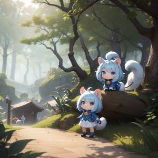 There is a small white squirrel with an acorn in his hand,  Chibichara?A cute girl with blue hair is also with me?It is a cute white and blue costume?Dark eyes?cute forest creature, Adorable Digital Painting, cute detailed digital art, the squirrel king, Cute digital art, cute cartoon characters, cute character, CuteCreatures, Cutie, official illustrations, Official art, squirrel, maplestory mouse, astri lohne,  cute 3d render