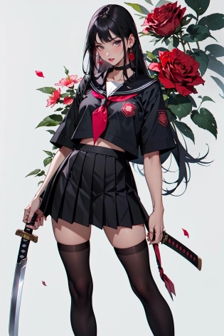 camellia, flower, red_flower, red_rose, rose, sword, weapon, katana, 1girl, pink_rose, pink_flower, spider_lily, shoes, long_hair, school_uniform, serafuku, sheath, skirt, solo, holding_sword, sheathed, vase, looking_at_viewer, orange_flower, pleated_skirt, rose_petals, black_shirt, black_legwear, black_skirt, holding_sheath, hibiscus, very_long_hair, parted_lips, loafers, sailor_collar, black_hair, neckerchief