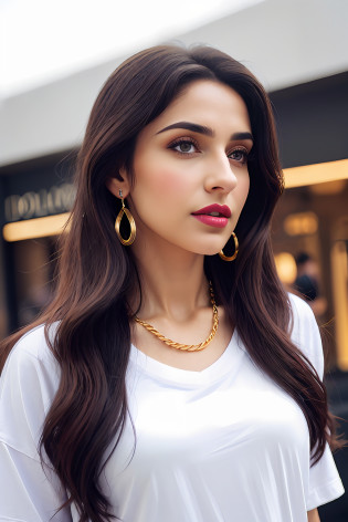 (RAW photo, realism: 1.8), (dark lip gloss, light red lipstick, many eyelashes, dark black eye shadow, shy, blushing, high quality, high resolution, depth of field, chromatic aberration, caustic, wide light, natural colors, 30 year old woman), neck thin gold chain, small earrings, gold bracelets, wear many accessories, large toned breasts, style A good woman,
((Best Quality, 8k, Masterpiece:1.3)), Focus: 1.2, Perfect Body Beauty: 1.4, Arabian 30 years old woman: 1.2, ((Short silky Hairs)), (Purple baggy basic tee-shirt:1.1), basic full body length tee-shirt, grey skinny damage jeans, long jeans: 1.1, Highly detailed face and skin texture, Detailed eyes, Double eyelids, toned body, Whitened skin, minor smile, large breasts, toned legs, beautiful detailed feets, long heel's, detailed feets and fingers, perfect feet's, toned legs, whitened skin, detailed sharp eyes and face, middle eastern woman, baggy basic tee-shirt, simple plain Baggy Tee-shirt, toned hips, 8K UHD, neck gold chain, model looks, standing outside at ((Dolman Mall Clifton Karachi)) carrying brown leather hand bag, rainy weather, wearing wrist watch, bracelet, bangle's open legs style Posing, rainy atmosphere, standing at Dolman Mall Clifton Karachi,