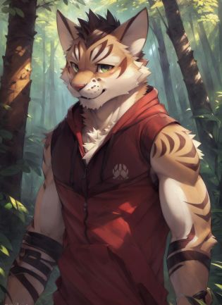 <lora:shu-chi-09:0.8>, yan shu chi, solo,  by Pixelsketcher, by Bayard Wu, by Thomas Benjamin Kennington , by Einshelm, detailed eyes, forest background, (full body), sleeveless, sleeveless hoodie, hoodie