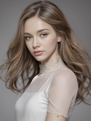 Realistic, Super Detailed, Beautiful, Slender, Cute, 30s, Beautiful Face, Actress, Mature, Upper Body, Light Brown Hair, Thin Hair, Small Face, Live Action, Best Quality, Very Elaborate CG Unity 8K Wallpaper, Ultra High Definition, Natural Fashion, Lighting, Medium Hair, (Puffy Eyes), Model Figure, Light Hair, Turning Pose, Ash Beige Hair, Model Pose, Studio shooting, white background, delicate skin quality, light curly hair close to straight hair, hands around mouth, adult clothes, hair model shoot, hair fluttering in the wind, transparent hair, elaborate hair fineness, soft hair, fine skin, bright photos, little hair