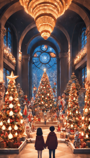 There are two people in front of an exhibition of Christmas decorations, holiday photography, no instagram, Album Photography, Com o Menino Jesus, fotografia, hight decorado, Imagem, Family photo, imagem do avatar, fotografia de qualidade do museu, fotografia de baixa qualidade, pose 1 de 1 6, fotografia descoberta, imagem interna, pano de fundo, Directed by: Pablo Carpio, imagem de diorama, fotografia desfocada
