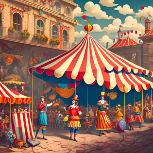 beautiful illustration of a joyous circus, colors, happy clowns, circus tent, high detailed, beautiful digital illustration, circus, high quality, very detailed digital scene --auto --s2