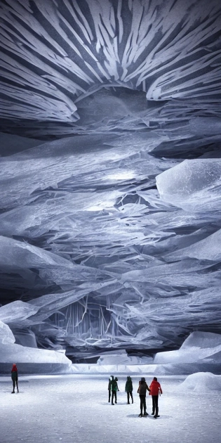 Multiple connecting tunnels in antartica bellow thin ice, multiple people moving around the tunnels, fascinating and imposing, fantasy digital art, octane render, beautiful composition, trending on artstation, award-winning photograph, masterpiece, The wind chimes of years ago floated in the still overcast day, a light leaking from my ears, buzzing, distant glaciers rushing towards me.