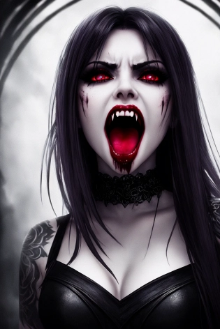 a medium shot photography of female vampire, screaming, fangs, dark fantasy randy theme, mystical, zoomed, Dark theme, underworld theme, deviant art masterpiece , crimson eyes, grey hair, dark dress, dark tattoos, color grading, dark illustration, 8k cinematic effect