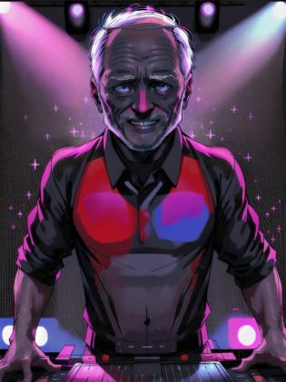 harold hides the pain in disco club, harold in black shirt, (dance floor full with young people in background:0.9),  spotted (harold:<lora:haroldDiffusionLora_versionTT:0.9>:old man),  violet and red lights, (disco ball in background:0.5), (high contrast : 0.9), masterpiece, arttrending, colorfull vibes, techno disco club,