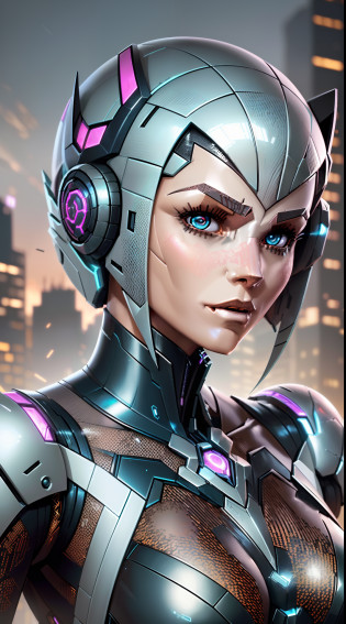 (corpo inteiro), soio, Ultra alta qualidade, maximum definition, 8k, Arcee (Transformadores: War for Cybertron), (identical to the series), (head identical to cartoon), totalmente humanizado, human skin, Rosto detalhado, Olhos detalhados, robotic body, Human-robot transition, robotic human,