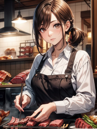 Best Quality, masutepiece, beautiful mature women?Beautiful face?Strong-minded woman?Office Suits?White trousers?brown haired?Brown-eyed?Longhaire?Undersized eyes?Yakiniku restaurant?natta?beer?Grilling meat on the net?Stove?Grilling meat on the stovetop?The background is an izakaya