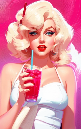 a close up of a Marilyn Monro with a drink in her hand, in style of digital illustration, pinup art, lois van rossdraws, artstyle : ilya kuvshinov, deviantart artstation cgscosiety, stunning digital illustration, soda themed girl, beautiful retro art, jen bartel, milkshake, matte digital illustration, glossy digital painting