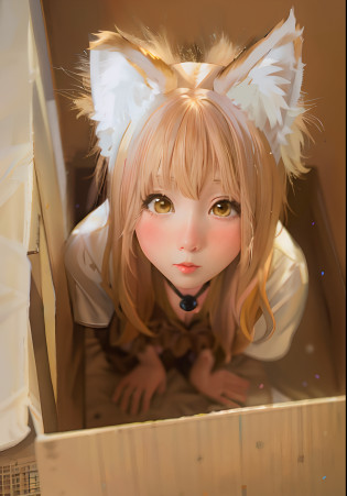 Inside the carton was a little girl with cat ears, very beautiful cute catgirl, Photorealistic anime, hyper realistic anime, Girl with fox ears, Anime girl cosplay, kawaii? beautiful young catgirl
