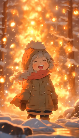 A little girl in a down jacket camps by the river?Winter is snowy?The girl drilled wood for the fire?A small fire?Little girl grilling fish over a small fire?wearing gloves?Wear a scarf?The little girl smiled happily?Children's illustration style?Full body like?Department of Healing