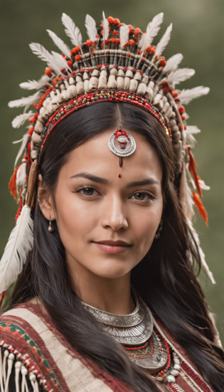 A photo of the face of a Native American woman, with green eyes, black hair, and a highly detailed Cherokee headdress adorning her head. She smiles towards the camera. She wears traditional and abbreviated indigenous clothing, showcasing her slender body. She is walking through a grassy plain with flowers.

The photo captures the natural beauty and cultural richness of the Native American woman. The cinematic lighting highlights the intricate details of her headdress and brings out the depth of her green eyes, creating a captivating effect. The Unreal Engine ensures a photorealistic quality, making the image feel like a moment frozen in time.

Her black hair contrasts beautifully with the vibrant colors of the headdress, adding to her striking appearance. Her traditional clothing reflects her cultural heritage and complements the natural setting of the grassy plain.

The woman's smile exudes warmth and positivity, creating a connection with the viewer. Her slender body and traditional attire showcase her cultural identity and resilience.

The natural setting of the grassy plain with flowers provides a picturesque backdrop, adding to the authenticity of the scene. The camera chosen for this photo captures the intricate details of her expression and attire.

The result is a visually engaging image that celebrates the woman's heritage and individuality, capturing her captivating appearance and cultural significance in a single frame. The combination of her unique features, traditional attire, and the natural surroundings make the photo exude a sense of cultural pride and harmony with nature