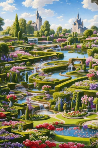 painting of a garden with a pond and a castle in the background, very surreal garden, magic realism matte painting, elaborate matte painting, exquisite matte painting, extravagant matte painting, amazing exquisite matte painting, manicured garden of eden, highly detailed matte painting, beautiful mattepainting, french garden, beautiful matte painting, royal garden landscape, very beautiful matte painting