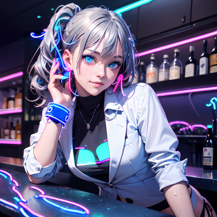 (masutepiece: 1.3), (max resolution: 1.2), (Ultra HDTV: 1.2), spot lite, Ultra HDTV, (Detailed eyes and skin), (detailed facial features), 8K resolution, Sharp Focus: 1.2, Perfect Style, Beautiful Face, accurate, Anatomically correct, Highly detailed face and skin texture, Detailed eyes, Dark-blue eyes, Double eyelids, Thin eyebrows, (dropped eyes:0.65), (Glitter Eyeliner:1.2), Natural cheeks, (Sweaty skin:1.2), (Fair skin:1.2), (Colorful neon bracelet:1.2) ,shiny necklace and earrings, (Glossy lips: 1.4), BREAK, absurderes, One-person viewpoint, (She is  Very Cute female bar hostess), (While Wearing a Button up White shirt:1.3), BREAK, (wear a blazer:1.3), BREAK, (super mini skirt:1.2), ((showing a little string panties:1.3)), (high heels), BREAK, (shy smile:1.3), ((18 years old, Very Cute and neat girl:1.3)), (high-ponytail hairstyle, Wavy Hair), (((Silver hair:1.4))), Medium Long Hair, (Cowboy shot: 1.2), Focus on body, medium large breasts, ((Lying on the bar counter:1.6)), ((In the super erotic Bar at dimly:1.4)), BREAK, ((((Royalblue neon lights:1.4))), (((dimly store, black lights))),