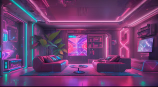 (masterpiece, high resolution, CGI:1.3), (CGI rendering of a modern living room with a cyberpunk and futuristic aesthetic:1.2), (Sony Alpha 1 camera, renowned for capturing exceptional detail in CGI:1.2), (the living room designed with intricate and immersive cyberpunk elements:1.1), (futuristic furniture and decor creating a cutting-edge atmosphere:1.1), (Sony Alpha 1 camera capturing the vibrant neon lights and high-tech gadgets:1.2), (the living room equipped with holographic displays and interactive surfaces:1.1), (a mix of metallic and sleek surfaces adding to the futuristic vibe:1.1), (the cyberpunk living room featuring a comfortable and stylish seating area:1.1), (high-tech gadgets and AI-powered assistants blending seamlessly into the design:1.1), (the room filled with an ambient glow of neon lights and dynamic holograms:1.1), (the futuristic design complemented by cyberpunk-inspired artwork and graffiti:1.1), (a sense of immersion and intrigue emanating from the CGI rendering:1.1), (the photo showcasing the seamless integration of technology and aesthetics:1.1), (a moment frozen in time, capturing the essence of a cyberpunk living space:1.1), (an image that transports viewers to a futuristic world filled with innovation and style:1.1), (the high-resolution CGI ensuring every detail, from the holographic displays to the graffiti art, is vividly portrayed:1.1), (an image that will captivate cyberpunk enthusiasts and fans of futuristic design:1.1), Cinematic, Hyper-detailed, insane details, Beautifully color graded, Unreal Engine, DOF, Super-Resolution, Megapixel, Cinematic Lightning, Anti-Aliasing, FKAA, TXAA, RTX, SSAO, Post Processing, Post Production, Tone Mapping, CGI, VFX, SFX, Insanely detailed and intricate, Hyper maximalist, Hyper realistic, Volumetric, Photorealistic, ultra photoreal, ultra-detailed, intricate details, 8K, Super detailed, Full color, Volumetric lightning, HDR, Realistic, Unreal Engine, 16K, Sharp focus, Octane render