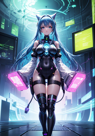 (Virtual Oasis) () Cydroida, a cybernetic anime girl, explores the cybernetic wonderland with an air of digital whimsy. Her hair seems composed of neon fibers, shifting in color like digital displays. Her eyes hold the glow of virtual realities, reflecting the landscapes she navigates. Her attire is adorned with holographic patterns that seem to shift with every byte of data. Cydroida exudes an aura of pixelated charm, as if she can manipulate the very code of her surroundings. In her presence, the virtual oasis transforms into a realm of infinite possibilities, and the air is filled with the hum of computers and the echoes of futuristic melodies. ?????
